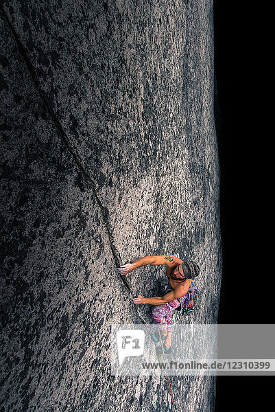 Mann klettert an einer Felswand am Malamute  Squamish  Kanada  Hochwinkelansicht