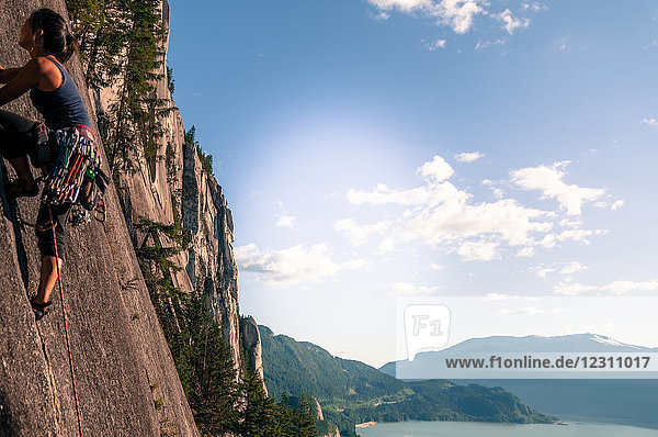 Female rock climber  climbing granite rock (The Chief)  low angle view  Squamish  Canada