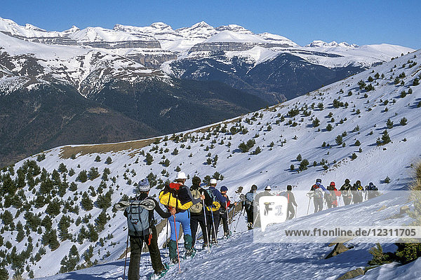 Spain  Aragon  Pyrenees  Ordesa and Mont Perdu national park  snowshoe hinking