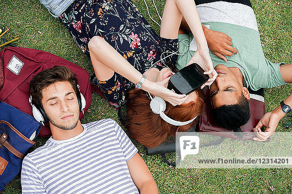 Freunde liegen im Gras  benutzen einen Virtual-Reality-Simulator und hören über Kopfhörer