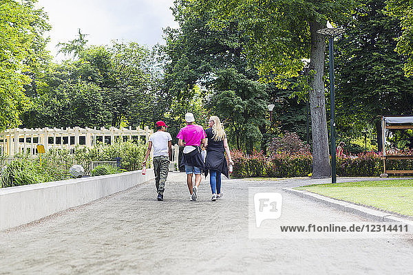 Teenage girl and teenage boys (14-15) walking in park