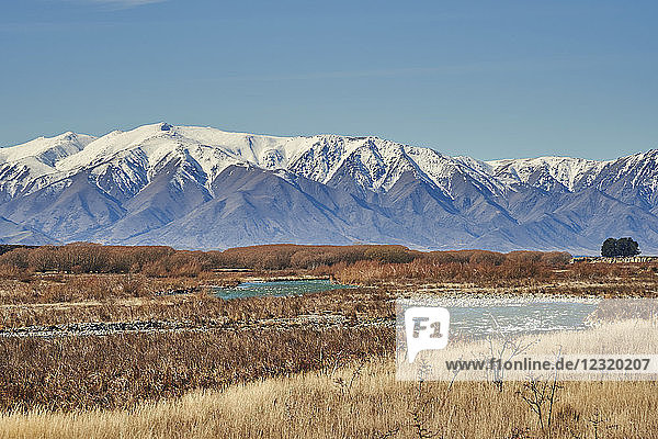 View to Southern Alps over a mountain stream near Twizel  Central Otago  South Island  New Zealand  Pacific