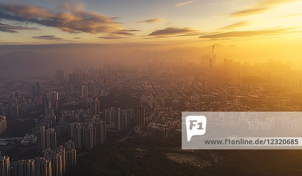 Kowloon and Hong Kong city view at sunset from the Lion Rock mountain peak  Hong Kong  China  Asia