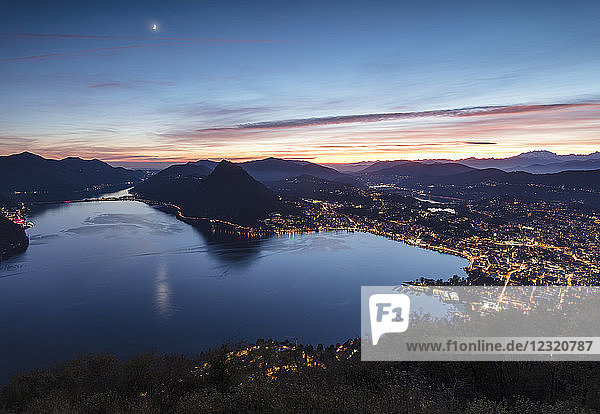 Lake Lugano at sunset seen from Monte Bre  Canton of Ticino  Switzerland  Europe