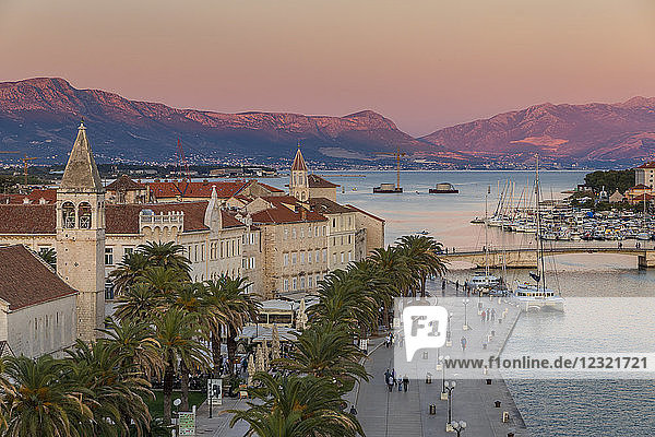 View from Kamerlengo Fortress over the old town of Trogir at sunset  UNESCO World Heritage Site  Croatia  Europe