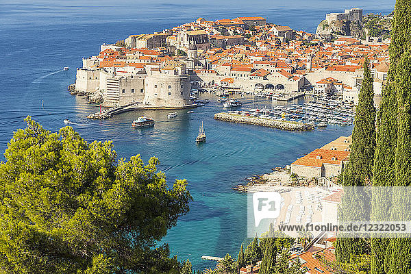 High-angle view over the old town of Dubrovnik and Banje Beach  Dubrovnik  Croatia  Europe