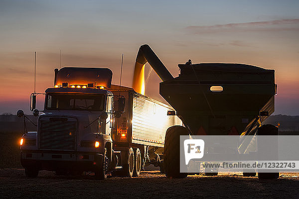 Getreidewagen beim Entladen von Mais in einen Getreidewagen in der Dämmerung  in der Nähe von Nerstrand; Minnesota  Vereinigte Staaten von Amerika