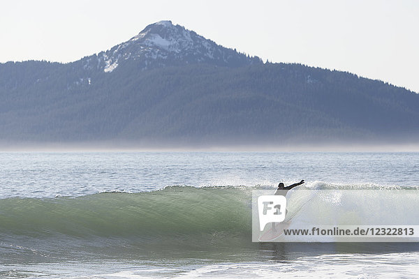 Surfer riding a wave along the Kenai Peninsula Outer Coast  South-central Alaska  USA