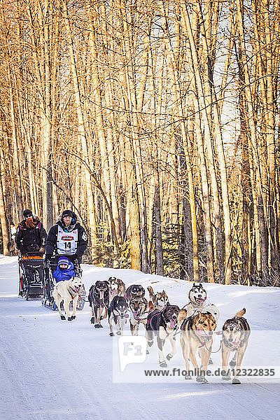Dallas Seavey und sein Schlittenhunde-Team laufen durch den Goose Lake Park  Iditarod 2014 Ceremonial Start  Süd-Zentral-Alaska im Winter; Anchorage  Alaska  Vereinigte Staaten von Amerika