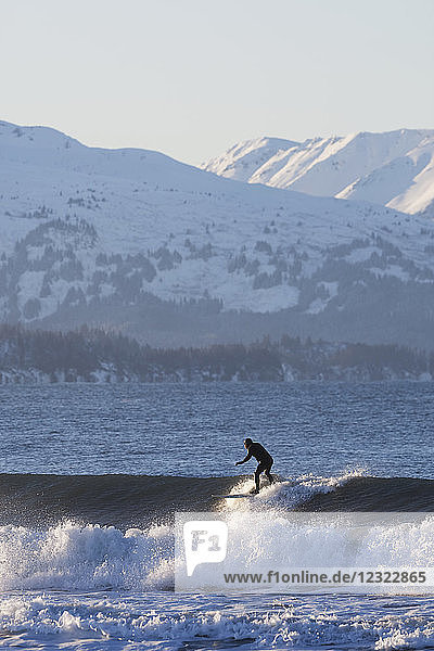 Man riding a wave  Kachemak Bay  South-central Alaska; Homer  Alaska  United States of America