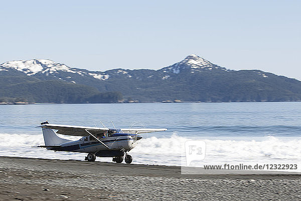 Cessna 206 bei der Landung am Strand entlang der Außenküste der Kenai-Halbinsel  Süd-Zentral-Alaska; Alaska  Vereinigte Staaten von Amerika