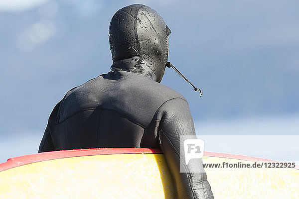 Close-up of a surfer wearing a wetsuit with hood and carrying his surfboard Kenai Peninsula outer coast South-central Alaska; Alaska United States of America