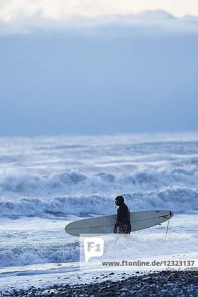 Surfer mit Surfbrett im plätschernden Wasser entlang des Ufers  Kachemak Bay  Süd-Zentral-Alaska; Homer  Alaska  Vereinigte Staaten von Amerika