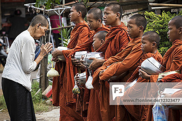 Buddhistische Mönche nehmen auf einer Straße Almosen entgegen; Battambang  Kambodscha