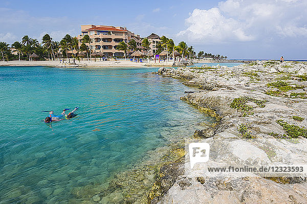 Snorkler in a lagoon on the Caribbean side of Mexico; Playa Del Carmen  Quintana Roo  Mexico