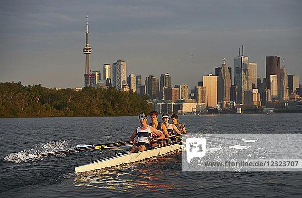 Junior men rowers from the Hanlan Boat Club rowing in Lake Ontario; Toronto  Ontario  Canada