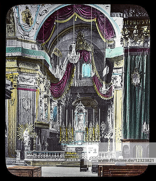 Magic Lantern slide circa 1900. Victorian or Edwardian era. The origional monchrome ( black and white ) photograph hand coloured.The photograph is the work of G.W. Wilson photographer and slide manufacturer 1823-1893.George Washington Wilson (7 February 1823 – 9 March 1893) was a pioneering Scottish photographer. The French Riviera and Monte Carlo (lecture ) .Slide 25 the Nave at Nice Cathedral