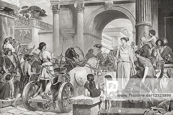 Ein siegreicher Wagenlenker im alten Rom  der von einer Dame einen Lorbeerkranz entgegennimmt. Aus Hutchinson's History of the Nations  veröffentlicht 1915.