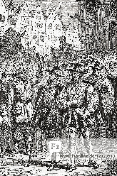 The procession of the petitioning nobles. A covenant of members of the lesser nobility in the Habsburg Netherlands who came together to submit a petition to the Regent Margaret of Parma on 5 April 1566  to obtain moderation in the Inquisition and the abolition of the laws against heresy. From Ward and Lock's Illustrated History of the World  published c.1882.