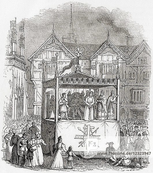 Performance of a 15th century passion play- The Trial and Crucifixion of Christ- by the Smith's Company of Coventry. The actors are stood on a pageant wagon. From Old England: A Pictorial Museum  published 1847.