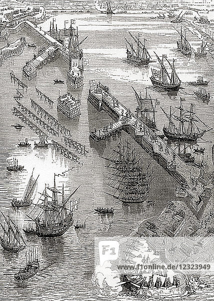 The Siege of La Rochelle  a result of a war between the French royal forces of Louis XIII of France and the Huguenots of La Rochelle in 1627–28. From Ward and Lock's Illustrated History of the World  published c.1882.
