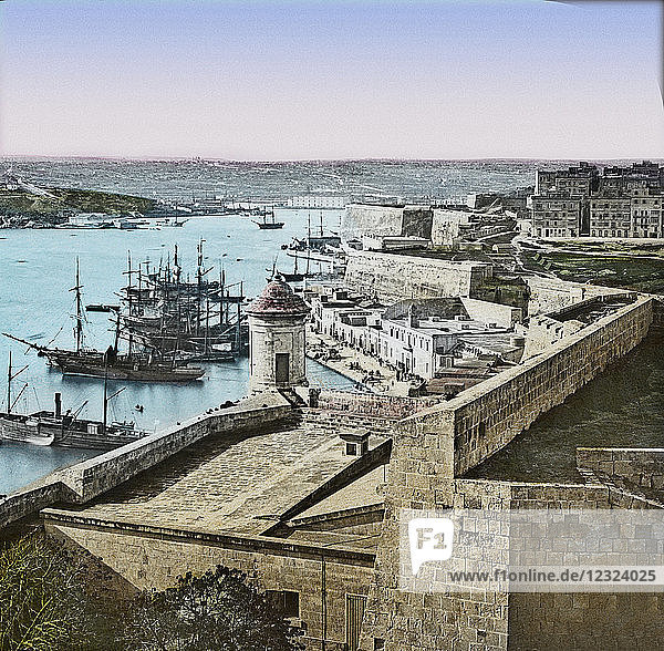 The harbour of Malta from Port Tigru along the Mediterranean circa 1900  Magic lantern slide; Malta