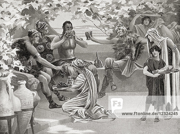 Goten  umgeben von Sklaven  beim Weintrinken in einer Landvilla im alten Rom  4. Aus Hutchinson's History of the Nations  veröffentlicht 1915.
