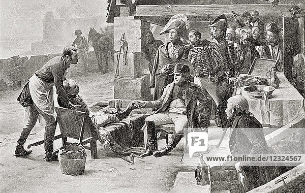Napoleon visiting the wounded after The Battle of Ulm 1805. Napoléon Bonaparte 1769 – 1821. French statesman and military leader. From Hutchinson's History of the Nations published 1915