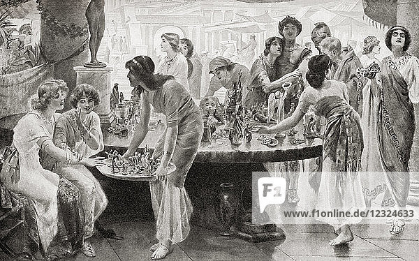 A market scene in ancient Pompeii Italy before its destruction in the eruption of Mount Vesuvius in 79 AD. From Hutchinson's History of the Nations published 1915.