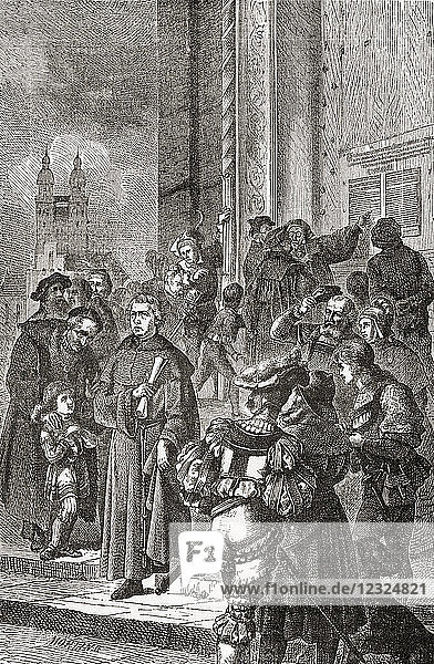 Martin Luther with the Ninety-Five Theses or Disputation on the Power of Indulgences a list of propositions for an academic disputation written in 1517. Martin Luther 1483 - 1546. German professor of theology composer priest monk and a seminal figure in the Protestant Reformation. From Ward and Lock's Illustrated History of the World published c.1882.