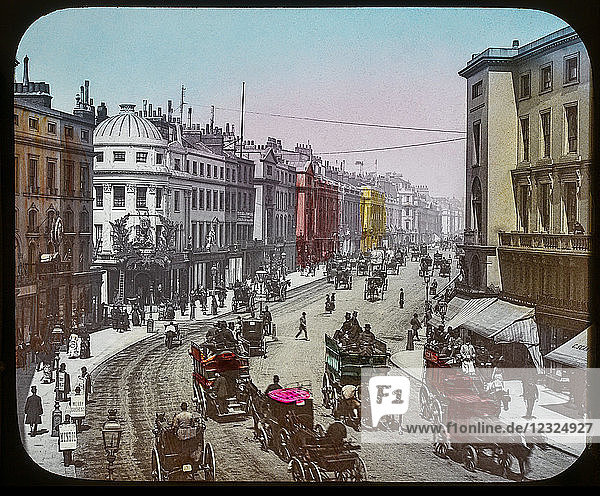 Magic Lantern slide circa 1900. Victorian or Edwardian era. The origional monchrome ( black and white ) photograph hand coloured.The photograph is the work of G.W. Wilson photographer and slide manufacturer 1823-1893.George Washington Wilson (7 February 1823 – 9 March 1893) was a pioneering Scottish photographer. The French Riviera and Monte Carlo (lecture ) . Slide 44 Regent Street on a very busy day