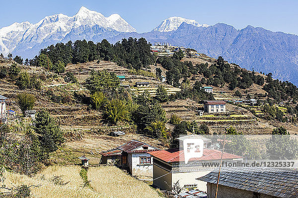 Blick auf eine Tallandschaft im nepalesischen Himalaya mit einem buddhistischen Tempel; Nepal