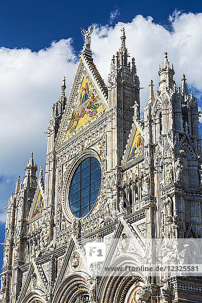 Nahaufnahme der dekorativen und verschnörkelten Fassade des Doms von Siena mit blauem Himmel und Wolken; Siena  Toskana  Italien