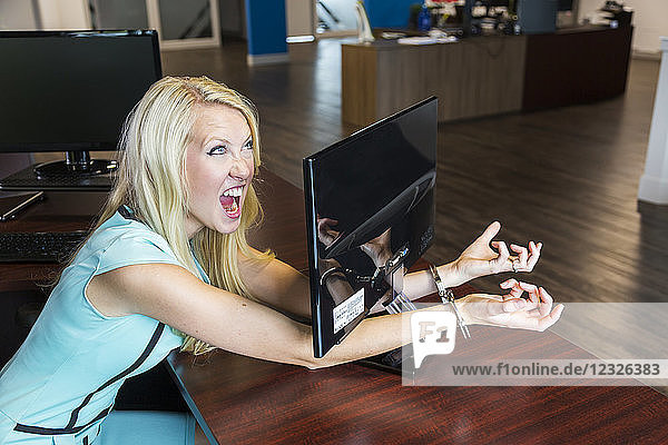 Junge Geschäftsfrau der Jahrtausendwende  gefesselt an ihren Computerbildschirm am Arbeitsplatz; Sherwood Park  Alberta  Kanada