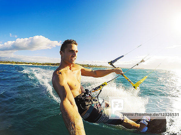 Kiteboarding. Fun In The Ocean Extreme Sport Kitesurfing. Pov Angle With Action Camera