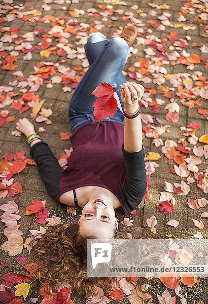 Eine junge Frau liegt auf dem Boden auf bunten  gefallenen Herbstblättern; New Westminster  British Columbia  Kanada