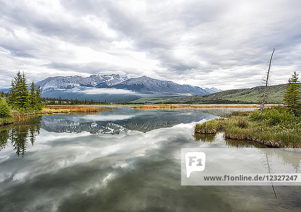 Spiegelungen im See und in den Rocky Mountains in der Nähe von Jasper am frühen Morgen  Jasper National Park; Alberta  Kanada