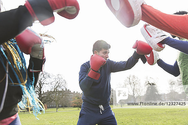 Man boxing in park
