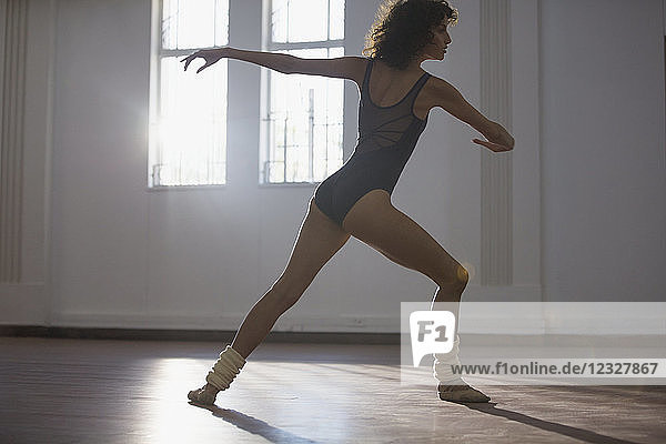Graceful young female dancer practicing in dance studio