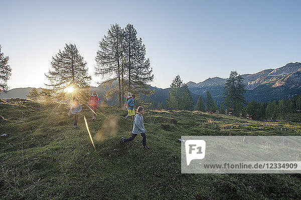 Family hiking in alpine meadow at sunset