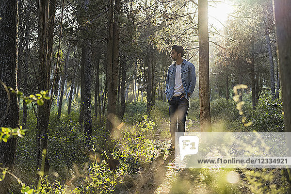 Young man standing in forest  against the sun