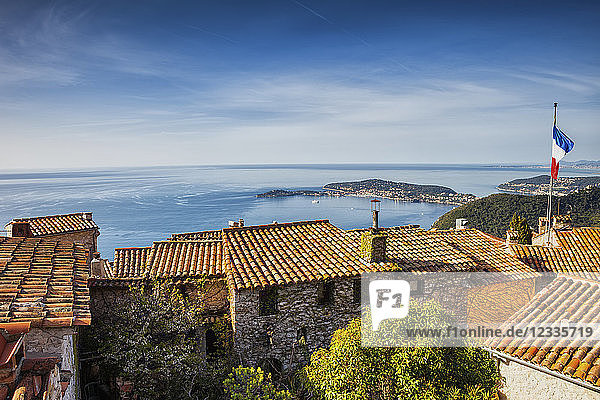 France Alpes Maritimes French Riviera Cote d'Azur Eze medieval village houses view to Mediterranean Sea