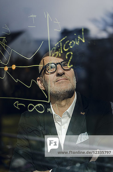 senior businessman brainstorming  drawing formulas on window pane