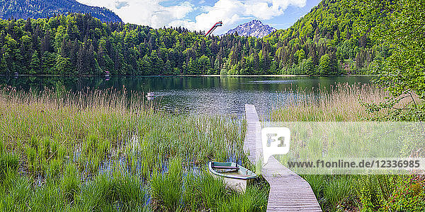 Germany  Bavaria  Allgaeu  Allgaeu Alps  Lake Freibergsee  Heini Klopfer Flying Hill in the background
