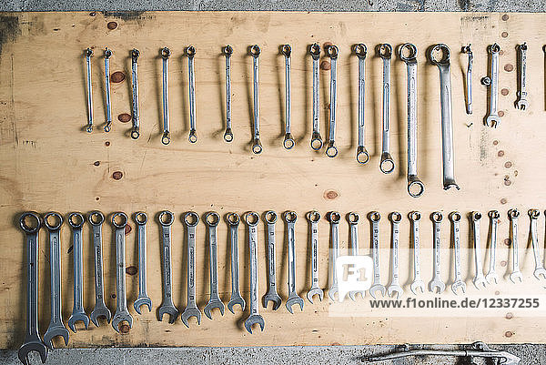 Assortment of screw wrenches in workshop