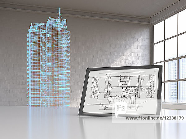 Tablet with blueprint and model of a skyscraper with digital grid  3d rendering