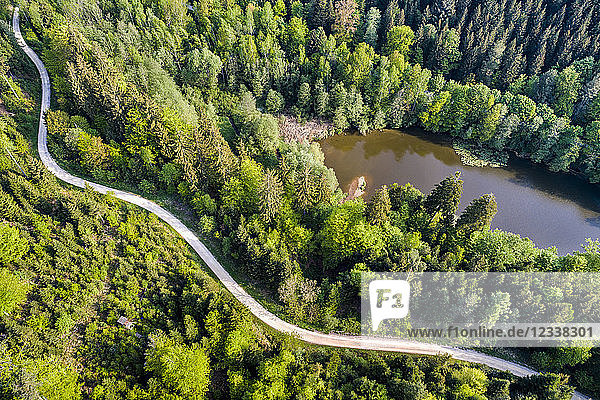 Germany  Baden-Wuerttemberg  Schurwald  Aerial view of road at Herrenbach reservoir