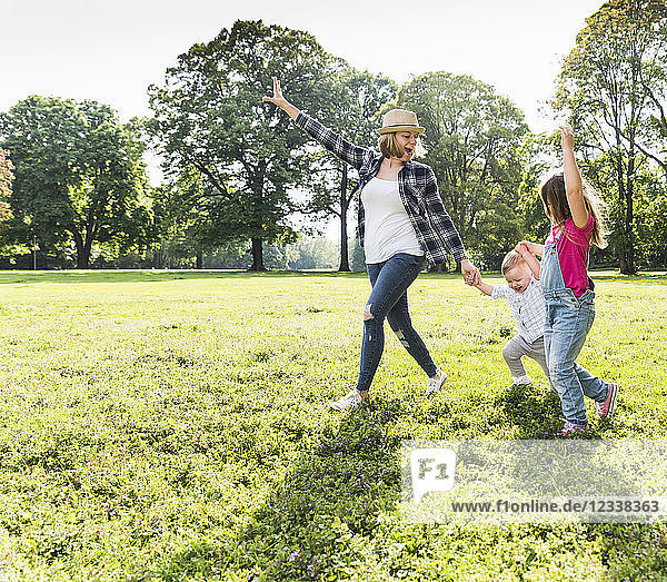 Active happy family walking hand in hand in a park