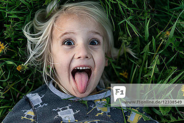 Blondhaariger Junge auf Gras liegend  Zunge herausgestreckt  Porträt