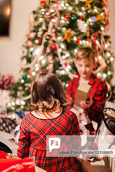 Geschwister öffnen Weihnachtsgeschenke am Weihnachtsbaum